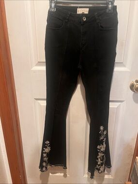 Chelsea & Violet Black Flare Jeans with White Floral Embroidery
